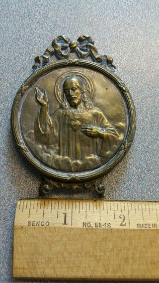 Vintage French Icon Metal Brass Plaque Christ Sacred Heart E.  Dropsy Dated 1924