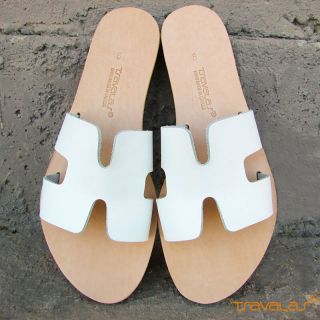 Handmade Ancient Greek Natural Leather H Sandals Slides Flat White