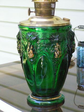FENTON GREEN GLASS VASE LAMP WITH ALADDIN OIL POT AND VINTAGE MOD B BURNER 3