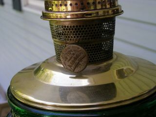 FENTON GREEN GLASS VASE LAMP WITH ALADDIN OIL POT AND VINTAGE MOD B BURNER 4