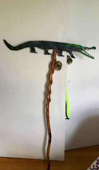 Wooden Walking Stick / Cane - Hand Carved And Hand Painted Alligator