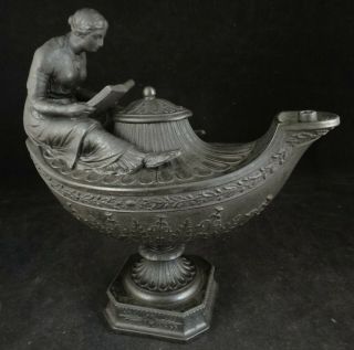 Antique Classical Wedgwood Black Basalt Pottery Oil Lamp.  Roman Style 8 ¾” T.