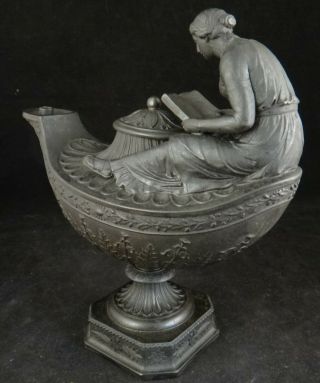 Antique Classical Wedgwood Black Basalt Pottery Oil Lamp.  Roman Style 8 ¾” t. 5