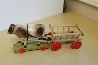 Antique German Pull Toy Tyoe Composition Cow With Cart/wagon