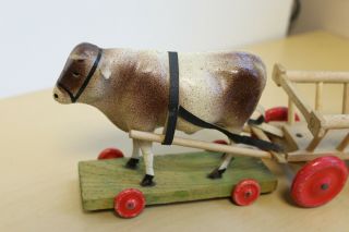 Antique German Pull Toy Tyoe Composition Cow with Cart/Wagon 2