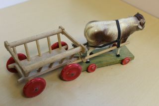 Antique German Pull Toy Tyoe Composition Cow with Cart/Wagon 5