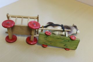 Antique German Pull Toy Tyoe Composition Cow with Cart/Wagon 6