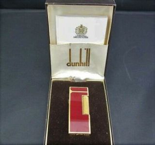 Auth Dunhill Lacquer & Gold - Plated Rollagas Lighter Red / Gold W Case Vintage