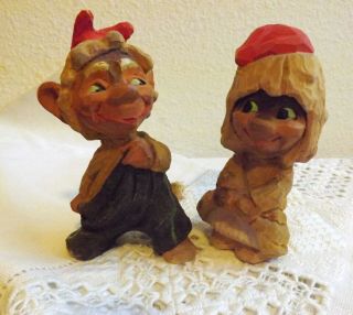 Pair Vintage Henning Norwegian Wood Carved Gnomes Trolls Flirty Boy & Girl