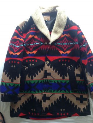 Vtg Pendleton Sherpa Shearling Western Wear Jacket Native Blanket Coat Sz 44