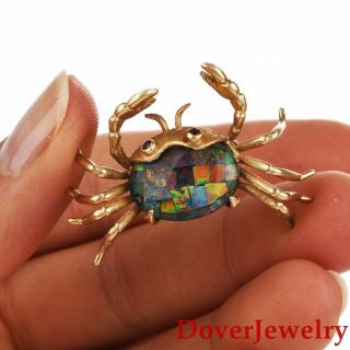 Vintage Ruby Opal Mosaic 18k Yellow Gold Crab Pin Pendant 7.  4 Grams Nr