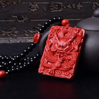 Natural Red Cinnabar Carving Chinese Dragon Loong Pendant 108 Beads Necklace