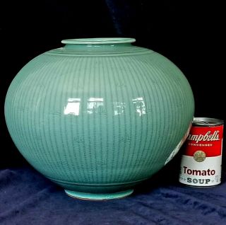 Large 12 " Japanese Celadon Pottery Hand Made Vase Old & Signed