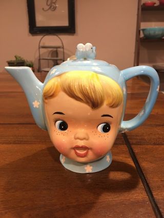 Adorable Vintage Napco Miss Cutie Pie Blue Teapot