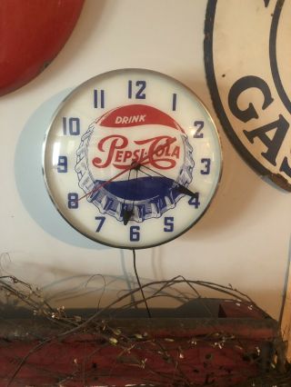 Vintage Pepsi Cola.  Soda Pop.  Lighted Pam? Clock Sign.  Advertising Clock 8