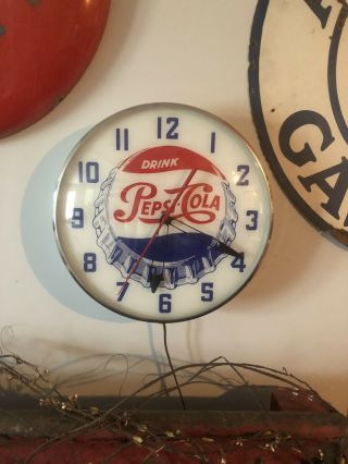 Vintage Pepsi Cola.  Soda Pop.  Lighted Pam? Clock Sign.  Advertising Clock 9