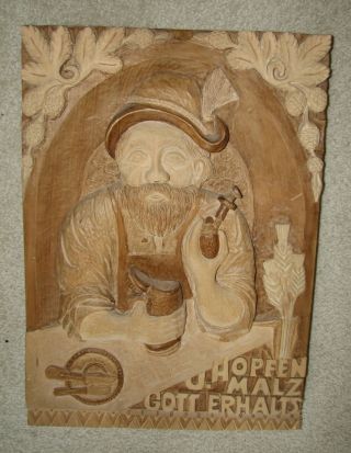 Hand Carved Wood Picture Folk Art Germany Beer Drinker Bar Decor Pipe Smoker