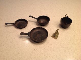 Vintage Mini Cast Iron Pans,  Kettle And Brass Iron For Play Samples Decor