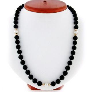 Long Vintage Black Onyx Bead Strand Slip - On Necklace W/ Pearl & 14k Gold Beads