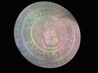 LARGE GAMING COUNTER ARMORIAL ANTIQUE CHINESE MOTHER OF PEARL CASINO CHIP 6
