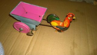 Vintage Rooster Pulling Cart Wind Up Toy.  German? 6 1/2 In.  Check Out