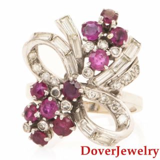 Vintage Diamond Ruby 18k Gold Platinum Bow Floral Ring 7.  2 Grams Nr
