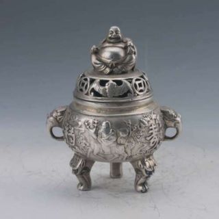 Chinese Tibet - Silver Copper Hand Carved Buddha Incense Burner W Ming Xuan De