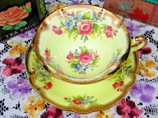 Foley Pink Blue Pastel Floral Heavy Gold Yellow Tea Cup And Saucer
