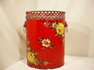 Vtg Red Tole Painted Metal Trash Can Reticulated Edge Shabby Lion Heads 13 X 9 "