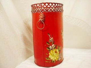 Vtg Red Tole Painted Metal Trash Can Reticulated Edge Shabby Lion Heads 13 x 9 