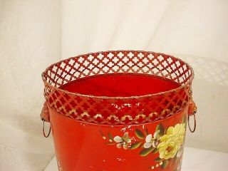 Vtg Red Tole Painted Metal Trash Can Reticulated Edge Shabby Lion Heads 13 x 9 