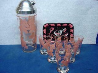 Vintage Pink Elephant Barware Set Hazel Atlas 6 Glasses Cocktail Shaker Tip Tray