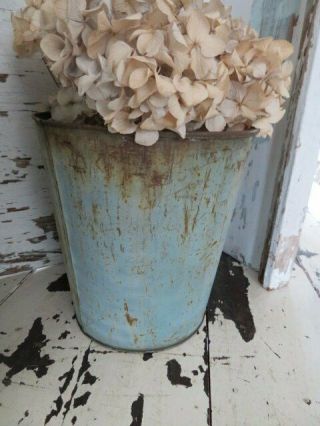 AWESOME OLD Vintage Metal SAP BUCKET CAN AQUA BLUE Paint HANG or Sit 3