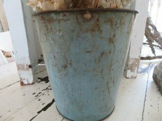 AWESOME OLD Vintage Metal SAP BUCKET CAN AQUA BLUE Paint HANG or Sit 5