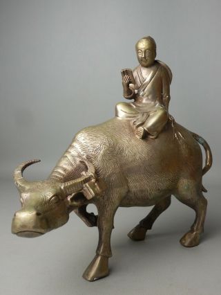 Japanese Vintage White Bronze Nottari Statue Ornament Man Reads Book On Bull Nr