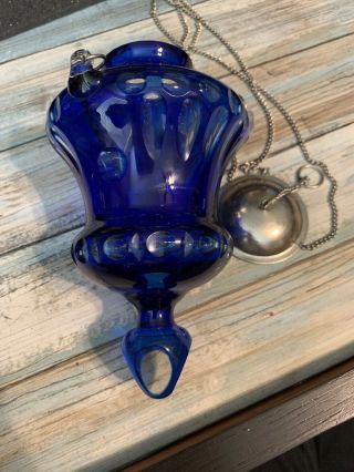 Vintage Antique Calbolt Blue Glass Hanging Hall Candle Or Oil Lamp