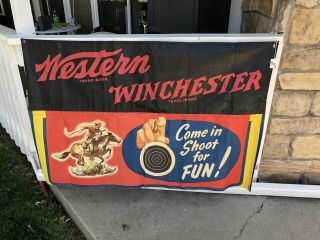 WINCHESTER WESTERN Firearms SHOOTING GALLERY BANNER Vintage Sign Poster 61 62 90 2
