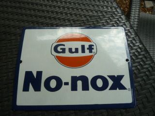 Vintage 1960s Gulf No - Nox Gas Pump Plate Porcelain Metal Sign Nos