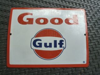 Vintage 1960s Good Gulf Gas Pump Plate Porcelain Metal Sign Nos
