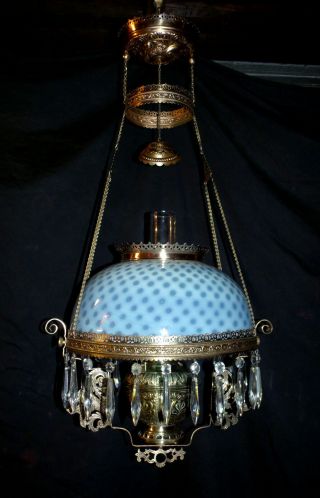 Antique Bradley & Hubbard Hanging Oil Lamp (blue Cased 1000 Eyes Shade)