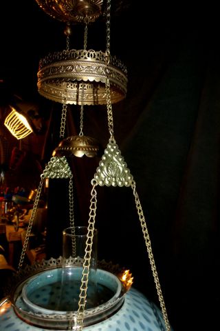 ANTIQUE BRADLEY & HUBBARD HANGING OIL LAMP (BLUE CASED 1000 EYES SHADE) 6