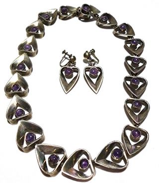 231 Emma Melendez Taxco Mexico Sterling Silver Amethyst Necklace Earrings Set