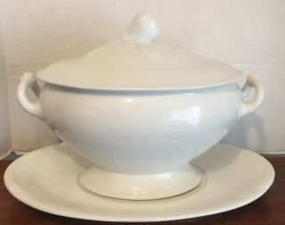 Antique Oval White Ironstone Covered Casserole Vegetable Tureen W/ Underplate