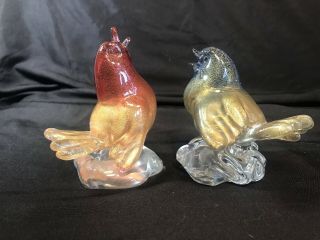 Vintage Murano Glass Gold Flecked Birds Red And Blue