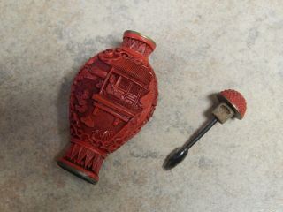Antique Vintage Chinese Hand Carved Red Cinnabar Perfume Bottle