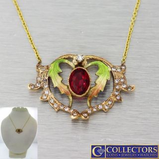 1910 Antique Art Nouveau 14k Gold Garnet Diamond Enamel Pendant Necklace S8