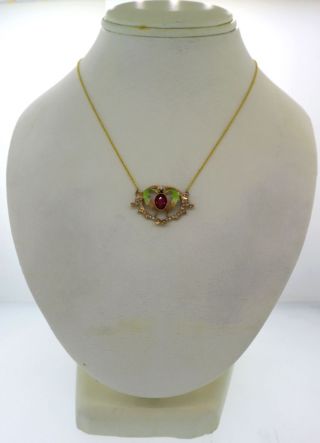 1910 Antique Art Nouveau 14k Gold Garnet Diamond Enamel Pendant Necklace S8 2