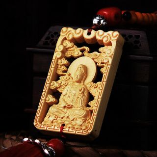 Hollow - Cut Wood Carved Chinese Guan Kwan Yin Double Sides Sculpture Car Pendant