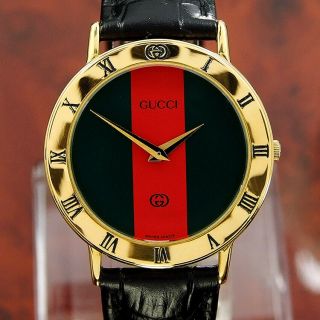 Authentic Gucci 3000m Gucci Stripe Dial Gold Plated Quartz Mens Wrist Watch