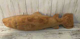 Hand Carved Wooden Fish Hanging Wall Plaque Man Cave Home Decor 23.  5 "
